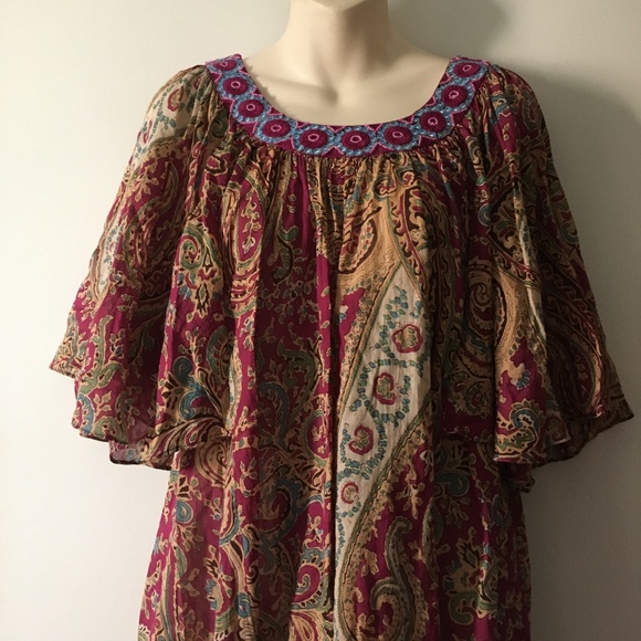 Vintage 1970's Indian Cotton Flutter Wide Sleeve Mini Dress M / L - Picture 2 of 3